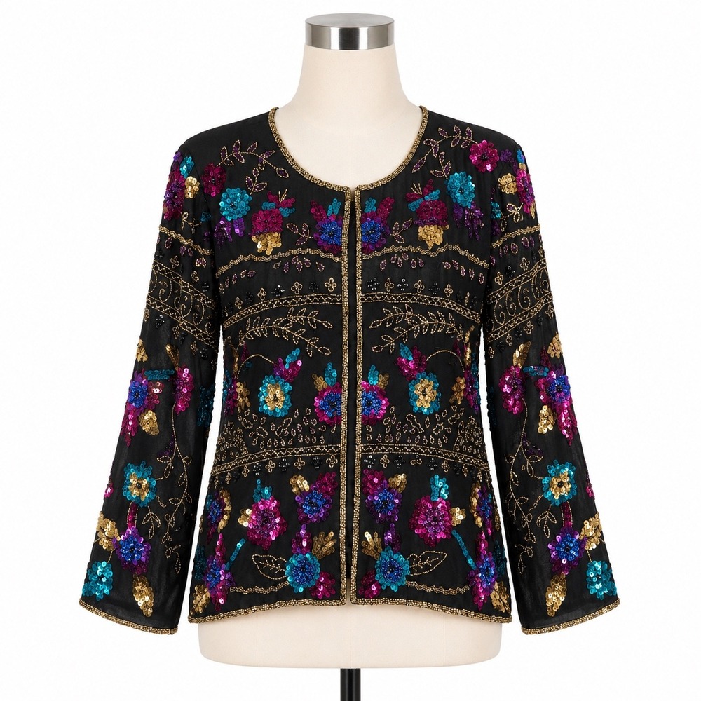 Drapers & Damons Silk Sequin Beaded Jacket Holiday Glam Womens 2X Floral Blazer